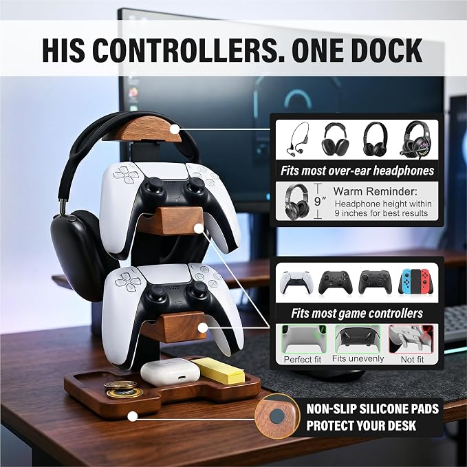 Gaming Equipment Headset Stand with Dual Controller Organizer Rack & Storage Base, Headphone Stand Gamer Gifts for Men Teenage Boy, Unique Gifts for Gamers to Organize Gaming Accessories (Brown Wood) - Image 3