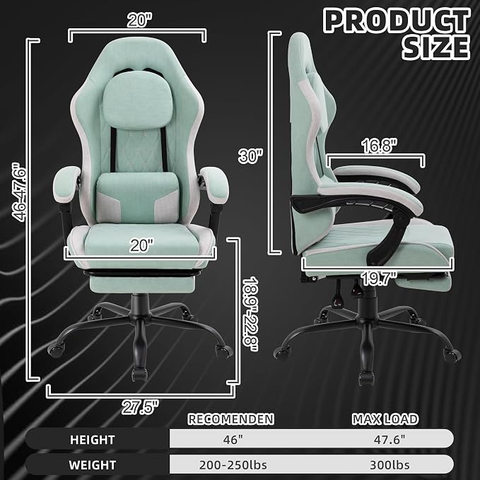 Gaming Chair for Adults, Fabric Gaming Chair with Footrest and Pocket Spring Cushion, Ergonomic Gamer Chair with Lumbar Support, Reclining Computer Gaming Chair with High Back, Light Green - Image 3