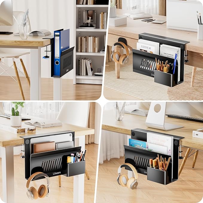 Litwaro Desk Side Storage Organizer, No Drill Laptop Holder Clamp on Desk Shelf with Magnetic Pen Holder, Hanging Organizer Fits Flat Edge Desks 0.4" to 2.1" (Black) - Image 7