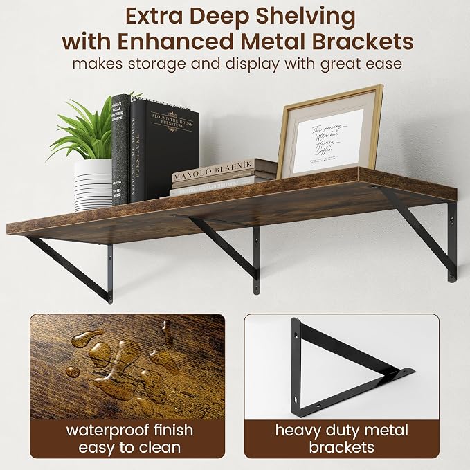 Axeman Deep Floating Shelves - 40 Inch Floating Shelves Set of 2-12 Inch Deep Brown Wood Wall Shelves for Living Room Bathroom Kitchen - Image 5
