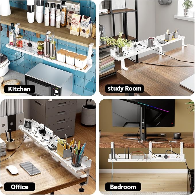 Extended Metal Under Desk Cable Management Tray with Power Outlet - Image 7