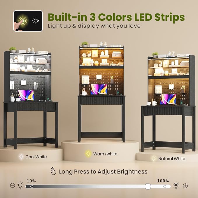 Lvifur LED Writing Desk with Hutch and Pegboard and Power Outlet (Black) | Compact Study Desk with Display Shelf, 3 Color Lights, Adjustable Brightness, USB/Type-C&2 AC Outlets, Drawer wtih Metal Rail - Image 4