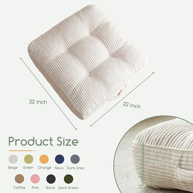 HIGOGOGO 6" Extra Thick Floor Pillow Cushion for Adults, Meditation Cushion Pillow, Large Square Floor Sitting, Tufted Corduroy Cover, for Tatami Living Room or Yoga, 22x22 Inch, Beige - Image 2