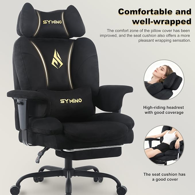Symino Gaming Chair with Footrest, Up/Down Armrests, Suede Fabric Ergonomic Office Chair, 150° Recline Computer Chair for Desk, Black - Image 7