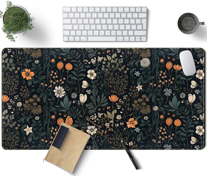Cute Dark Floral Desk Mat Vintage Flowers Plant Mouse Pad XXL Large Extended Gaming Mousepad Women Office Decor Desk Pad, Big Laptop Computer Keyboard and Mouse Mat with Stitched Edges, 31.5x15.7 in by TENG+DA+QING