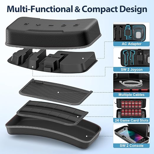 OIVO Carrying Case Compatible with 2025 Nintendo Switch, Portable Switch 2 Travel Carry Case Fit for Joy-Con 2 & Adapter, Hard Shell Protective Pouch Bag with 24 Game Slots, Gray - Image 3