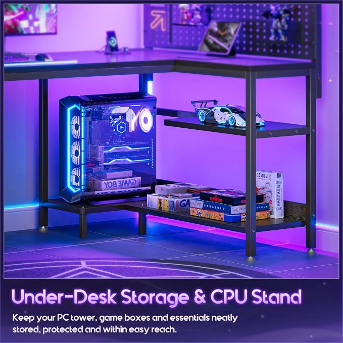 AODK 55" L Shaped Gaming Desk with Pegboard Hutch, LED Lights, Black | Large Pegboard, Power Outlets, USB Ports, Storage Shelves, CPU Stand, Reversible Layout for Gaming Rooms and Bedroom Corners - Image 6