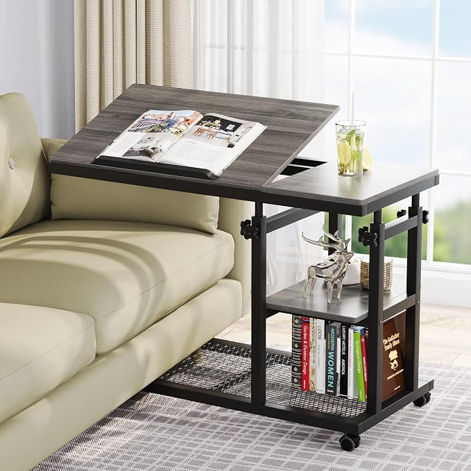 Tribesigns Height Adjustable C Table with Wheels, Mobile Couch Snack Side Table with Tiltable Drawing Board, Sofa Bedside Laptop Stand C Shaped TV Tray with Storage Shelves (Grey) by Unknown