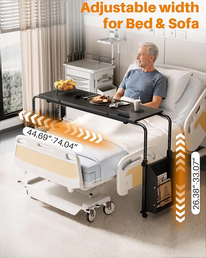 Laptop Desk for Bed,6-Angle Adjustable Overbed Table with Wheels,Adjustable Height and Length Bed Table for Laptop with Side Bookshelf,Standing Desk,Over Bed Desk for Working Hospital Home (Black) - Image 4