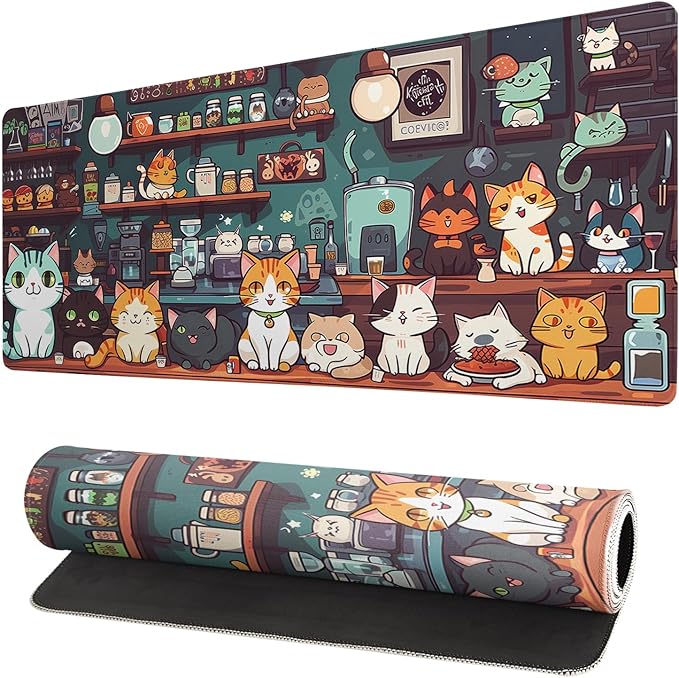 Gaming Mouse Pad Desk Pad,Extended Big Mouse Pad,31.5x11.8 Inch Long Computer Keyboard Mouse Mat Mousepad with 3mm Non-Slip Base and Stitched Edge for Gaming and Office… (cat) by Brecoy