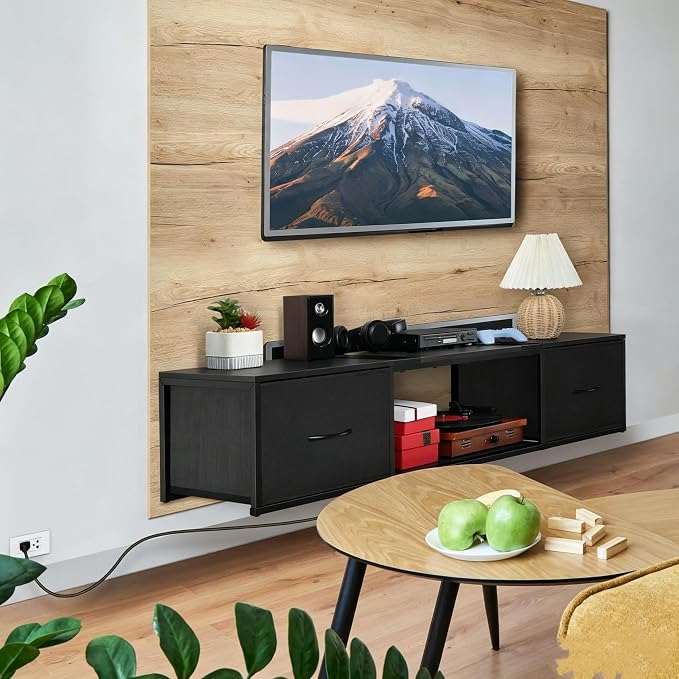 Floating TV Stand with Power Outlet, Wall Mounted Entertainment Center with Drawers, Rustic Brown Industrial Media Console Shelf for Living Room, Bedroom（Black） - Image 8