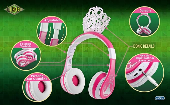 Wicked Glinda Bluetooth Headphones for Kids, Wireless Headphones for School, Home or Travel - Image 3