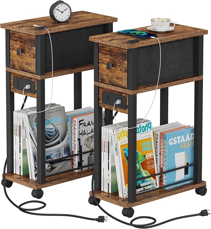 Slim Nightstand Set of 2, Narrow Side Table with Charging Station & Drawer by DGSANDGPuttheCustomerFirst