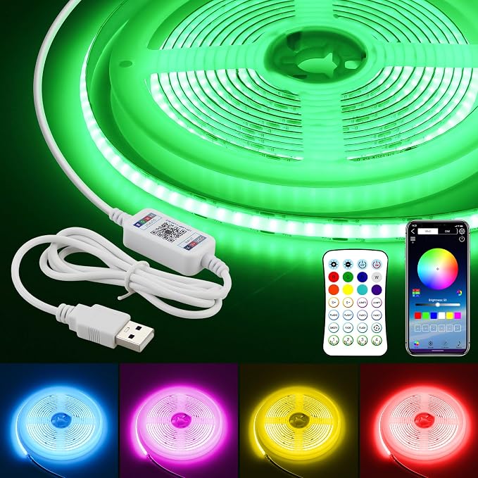 5V USB COB RGB LED Strip Light for Bedroom 10FT/3M Bluetooth LED Rope Lights Music Sync Self-Adhesive TV Backlight Flexible Color Changing Tape Light With Remote for Kitchen Home Decor 576LED/M by Samsion