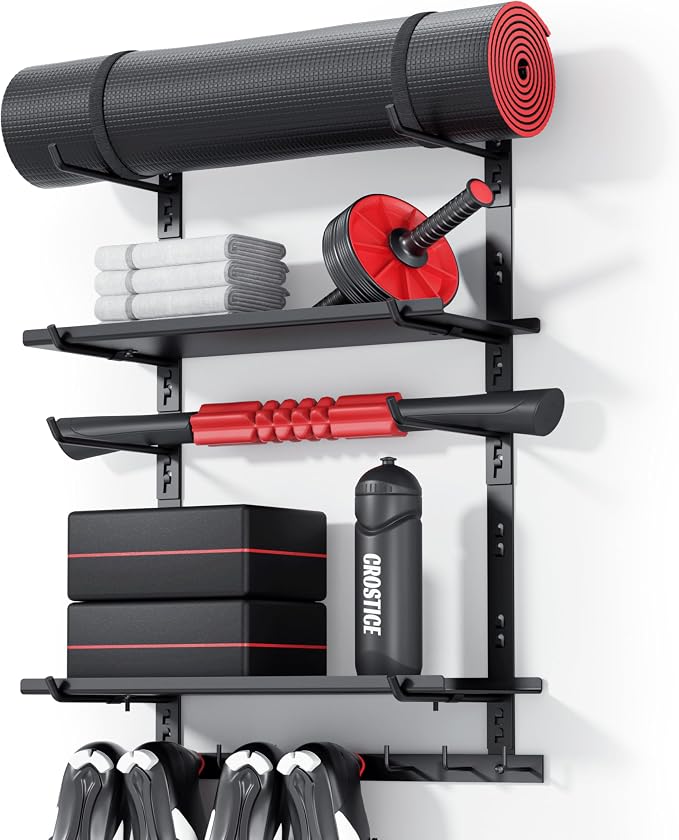 Home Gym Wall Storage Shelf, 2 Boards & 4 Adjustable Holders Sets by Crostice