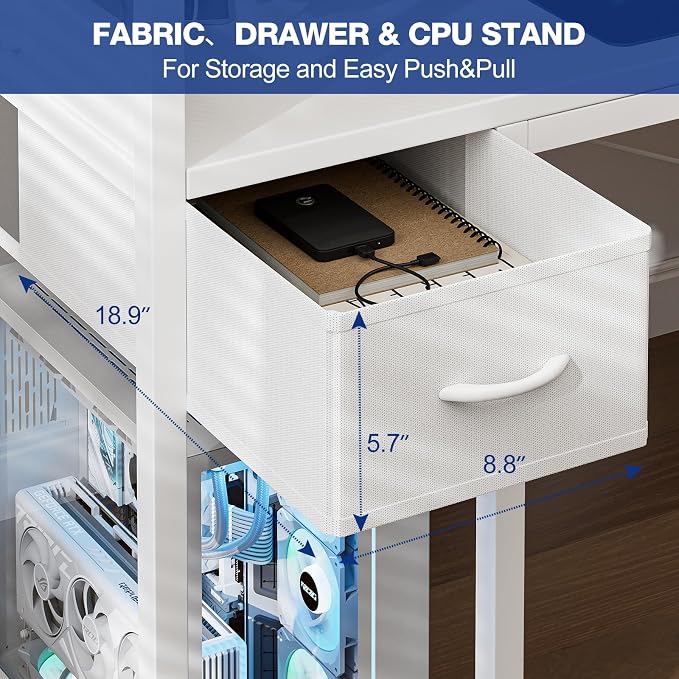 Grandder Gaming Desk 47 Inch with Power Outlet and LED Light, Computer Desk with Reversible Shelves and Storage Drawer, Pc Small Desk for Home Office Table with Bag, Carbon Fiber White - Image 8