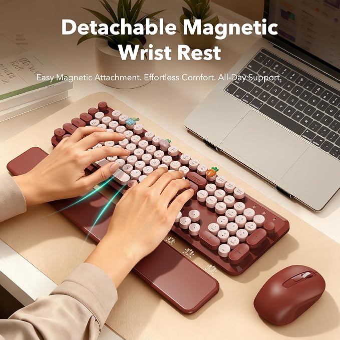 Wireless Keyboard and Mouse Combo, Wine Red Retro Typewriter Style Keyboard with Round Keycaps and Magnetic Wrist Rest, 2.4GHz Wireless for Mac, Windows PC, Laptop, Home Office, School, SABLUTE CK23 - Image 2