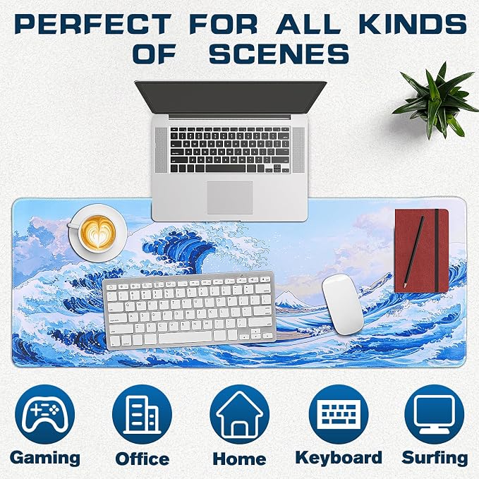 Mouse Pad Gaming - Desk Mat for Keyboard and Mouse - Kanagawa Cartoon Large Mouse Pads for Desk, Japanese Wave Gaming Mousepad (31.5" X 11.8") with Non-Slip Base for Game, Office and Home - Image 6