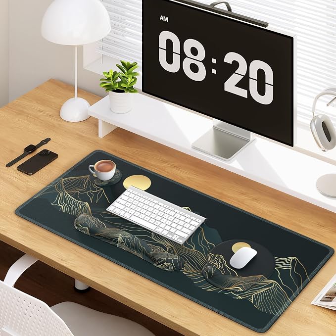 iCasso Large Mouse Pad, 4in1 XXL Mousepad + Keyboard Wrist Rest+Mouse Wrist Rest+Coaster Set with Ergonomic Design for Computer(Cyan-Mountain) - Image 7