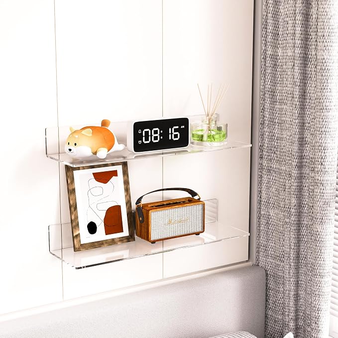 Sezanrpt 20 Inch Clear Wall Shelves for Wall, Wall Mounted Acrylic Floating Shelf for Plants, Speaker, Radio, Funko Pop, Stuffed Animal, Books, Cosmetics, Toiletries, 2 Pack (20 Inch) - Image 5