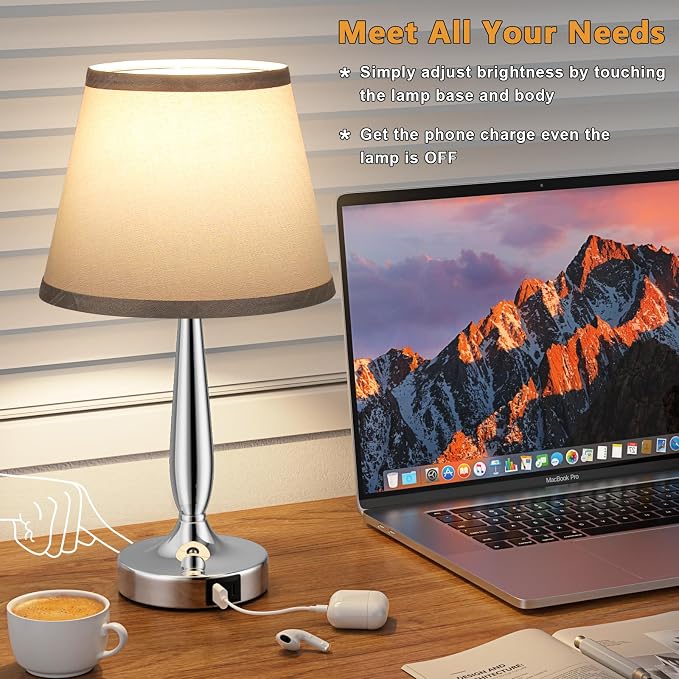 Kakanuo Touch Table Lamp for Bedroom, Small Bedside Lamp with USB C Charging Port, 3 Way Dimmable Touch Control Nightstand Lamp for Living Room and Office, Gray Shade and Silver Base - Image 2