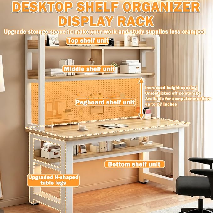 Computer Desk with Pegboard, Gaming Desk with Storage Shelves, PC Gamer Workstation Desk, Modern Study Writing Table for Home Office Bedroom (Brown, 47.2in/120cm) - Image 5