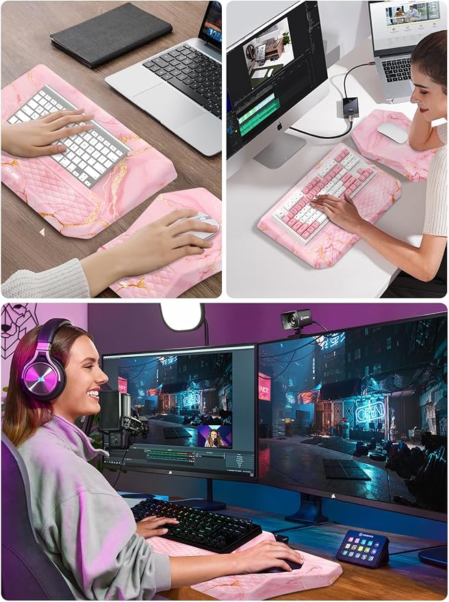 3-in-1 Ergonomic Keyboard Stand with Wrist Rest & Mouse Pad Set,Pink Marble | Comfy Keyboard Riser Holder Soft Mousepad with Massage Design, Memory Foam and Non-Slip PU Base for Pain Relief - Image 7