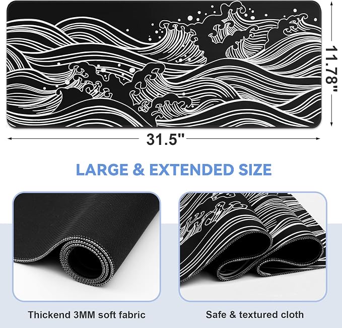 DIGSOM Gaming Mouse Pad Black and White Sea Wave Pattern, 31.5 x 11.8in | XL Mouse mat, Smooth surface, Anti-slip rubber base, For keyboard and mouse, For home and office use - Image 2
