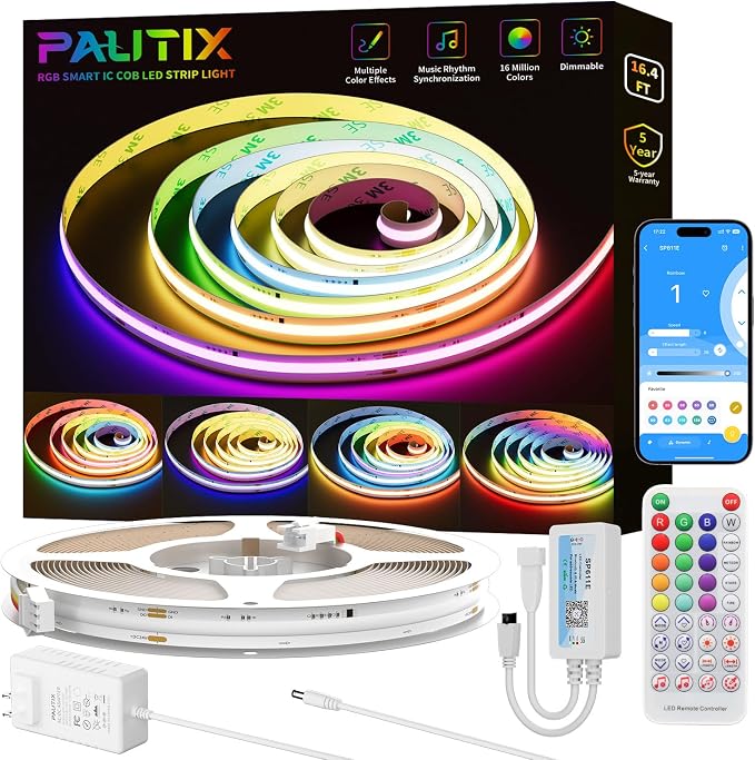 PAUTIX RGB Smart IC COB LED Strip Light,Addressable RGB COB LED Lights 16.4ft,UL-Listed 24V Color Flowing Chasing Effects Strip Lights Multicolor Flexible Color Changing Tape Light,for Bedroom,Party by PAUTIX