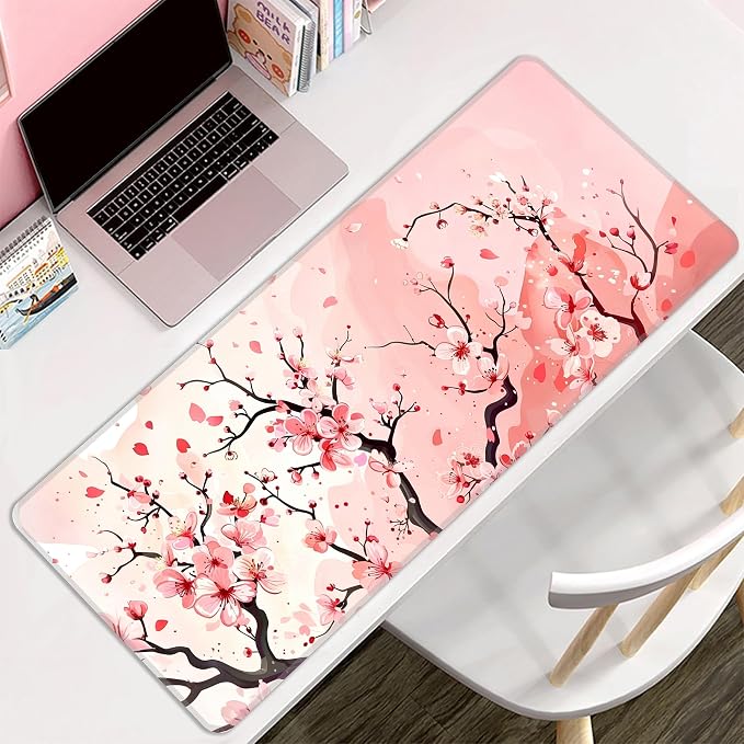 Pink Cherry Blossom Desk Mat, XL 31.5"x11.8" Large Mouse Pad, Cute Sakura Extended Gaming Mouse Mat,Non-Slip Rubber Base Waterproof with Stitched Edges for Gaming Office Home Decor - Image 8