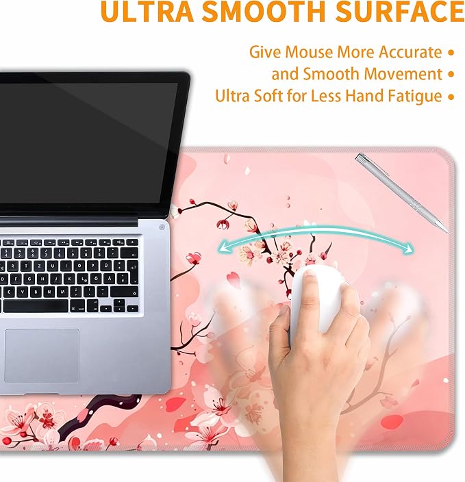 Pink Cherry Blossom Desk Mat, XL 31.5"x11.8" Large Mouse Pad, Cute Sakura Extended Gaming Mouse Mat,Non-Slip Rubber Base Waterproof with Stitched Edges for Gaming Office Home Decor - Image 5
