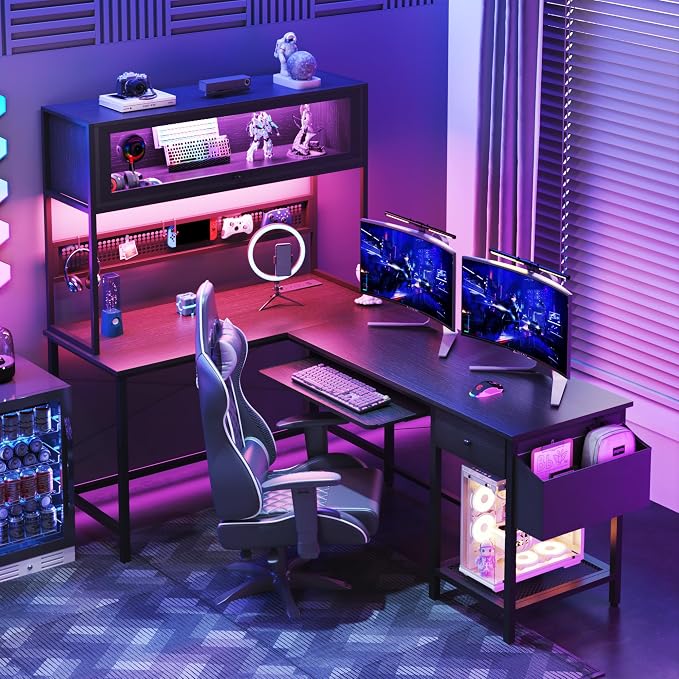 L Shaped Gaming Desk with Power Outlets & LED Lights, 49'' Reversible Computer Desk with Hutch & Pegboard & Display Cabinet, Corner Home Office Desk with Drawer & Keyboard Tray & Storage Bag, Black - Image 2