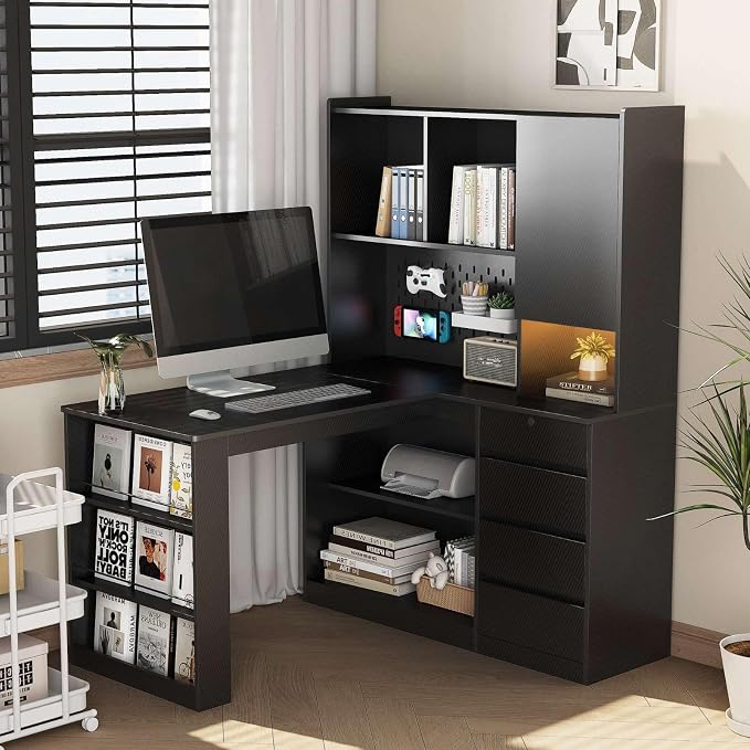 L Shaped Desk with Power Outlets and USB Charging Ports, Black Corner Computer Desk with Drawers, Bookshelf, LED Light, Pegboard, Modern Home Office Gaming Writing Study Table by FRITHJILL