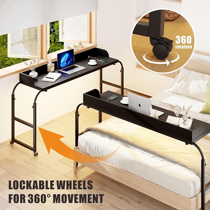 HWB Bed Table Desk with Wheels & Adjustable Height, LED Lights - Image 4