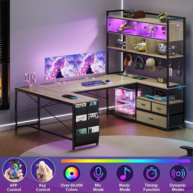 Dnxao U-Shaped Corner Gaming Desk with 3 Drawers and Pegboard, Oak Gray | 65" Reversible Computer Desk with Power Outlets and LED Lights, Storage Shelves Workstation with Pegboard for Gamers - Image 6