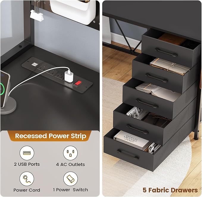 SEDETA L Shaped Gaming Corner Desk with Drawers, Hutch and Storage Shelves | Reversible Computer Desk, Gaming Desk with Pegboard, Led Lights, and Power Outlet for Home Office, Small Space, Black - Image 5