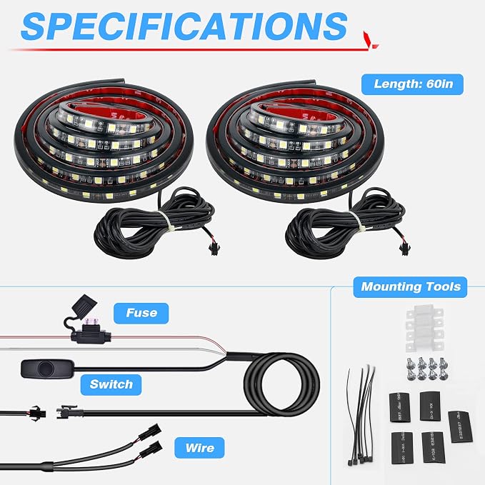 MICTUNING 2Pcs 60 Inch White LED Cargo Truck Bed Light Strip Lamp Waterproof Lighting Kit with On-Off Switch Fuse 2-Way Splitter Cable Compatible with Pickup RV SUV and More - Image 7