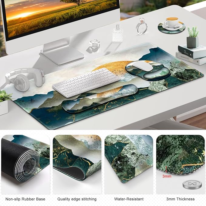 Gaming Mouse Pad, Large Desk Mat, Cute Desk Pad Protector, 4in1 XXL Mousepad +Keyboard Wrist Rest+Mouse Wrist Rest+Coaster Set with Ergonomic Desk Pad for Home Office Table Computer Green Mountain - Image 9