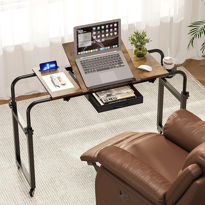 GiftGo Overbed Table with Wheels Rolling Laptop Desk Cart Table for Recliner Over Chair Adjustable for Hospital and Home Use Over The Bed Table with Storage Drawer and Cup Holder (Rustic Brown) by GiftGoDirect
