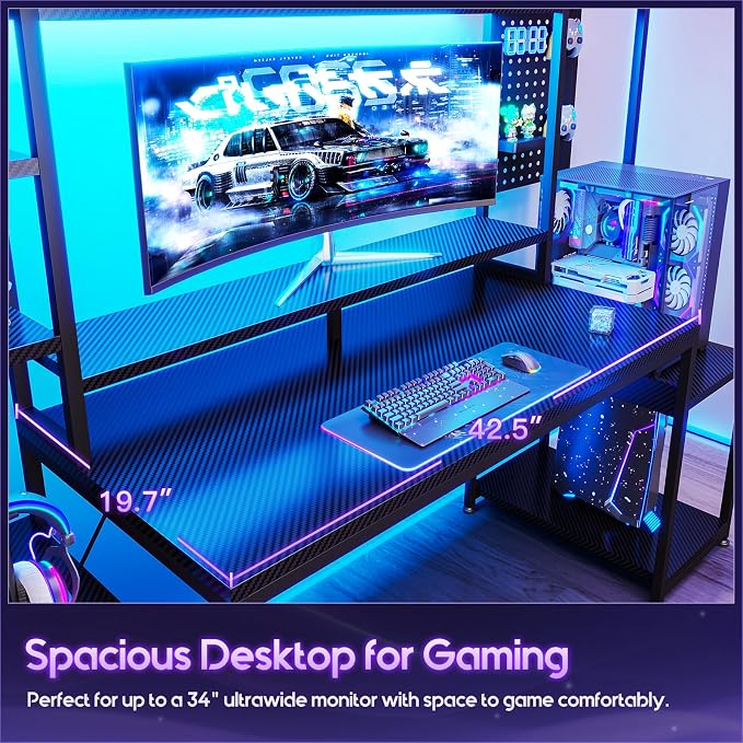 AODK 67 Inch Gaming Desk with Display Shelves, 3 Drawers, LED Lights, Hutch | Large Computer Desk with Pegboard & PC Shelf & Storage Shelves, Reversible Office Desk for Home, Carbon Fiber Black - Image 8