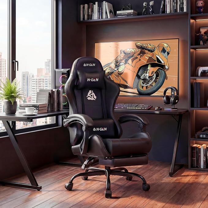 N-GEN GAMING Gaming Chair with Footrest, Lumbar, High-Back, All Black | Reclining Backrest, Linkage Armrests, Durable PU Leather, Adjustable Comfort for Extended Computer, Desk, or Home Office Use - Image 2