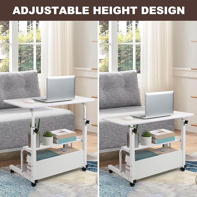 Adjustable Height Mobile Computer Desk with Wheels White 31.5X15.7 Inches - Image 3