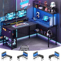 Aheaplus L Shaped Gaming Desk with Power Outlets & LED Lights, Black Oak by Aheaplus