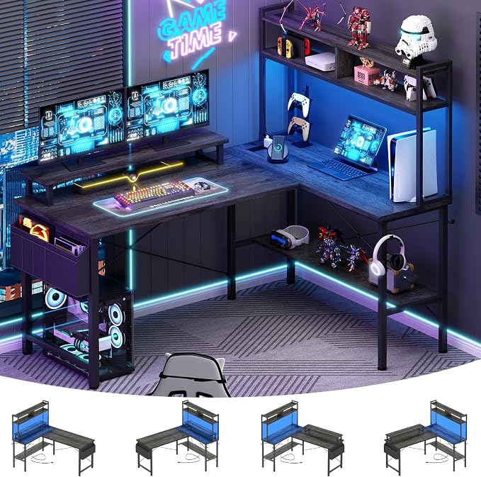 Aheaplus L Shaped Gaming Desk with Power Outlets & LED Lights, Black Oak by Aheaplus