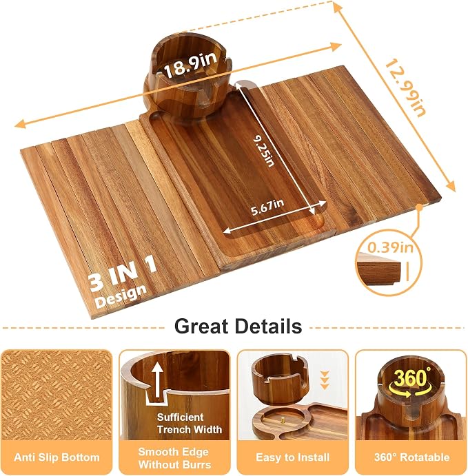 Couch Cup Holder Tray,Acacia Wood Couch Arm Table with Phone Holder, Large Foldable Sofa Arm Tray for Drink Snacks Table - Image 3