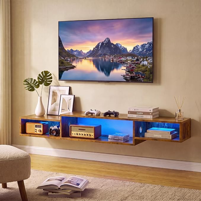 59 Inch Floating TV Stand, Wall Mounted Entertainment Center, Rustic Brown - Image 6
