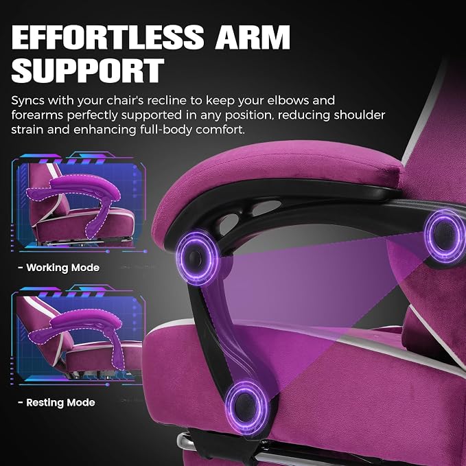 GTPLAYER Gaming Chair, Ergonomic Computer Chair with Footrest and Lumbar Support, High Back Recliner Chair 350lbs, Height Adjustable for Home Office, Purple - Image 8