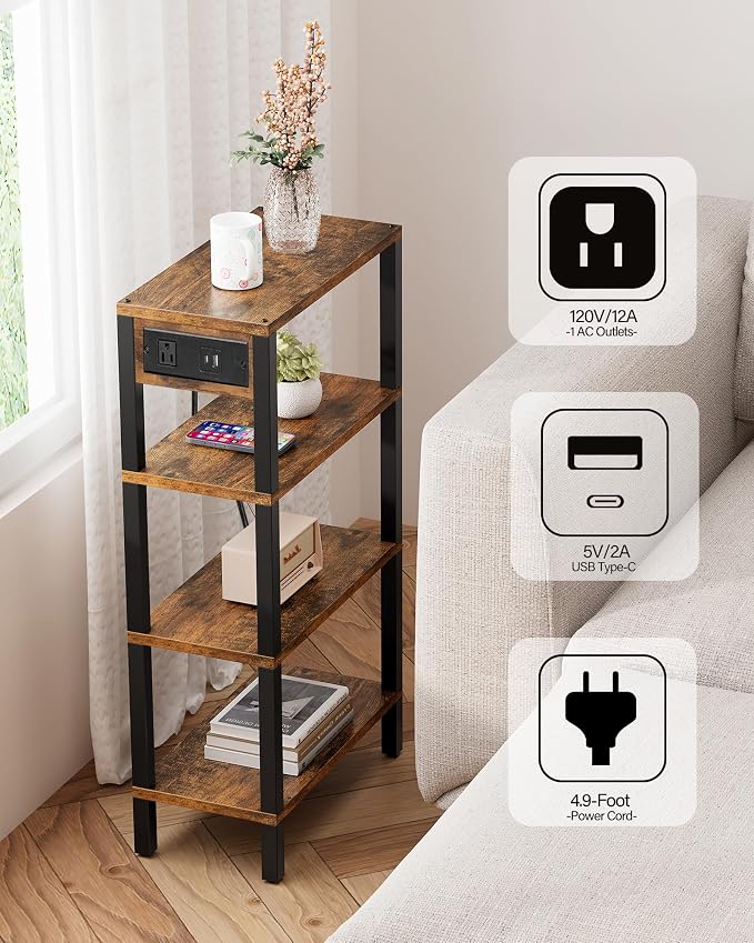 TUTOTAK Narrow Side Table, 4-Tier Small End Table with Charging Station - Image 4
