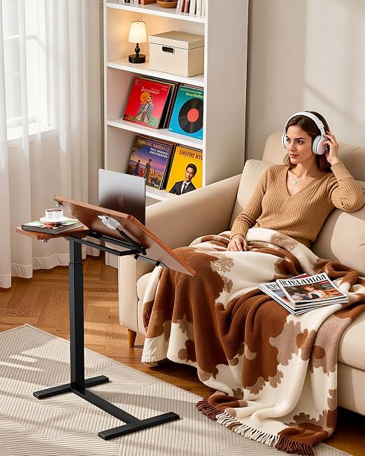Simple Deluxe Standing Rolling Desk with Hidden Casters, Height Adjustable Pneumatic Mobile Laptop Desk, Tilting Bedside Table for Laptop, Overbed Bedside Table Hospital Home Use, Brown - Image 2