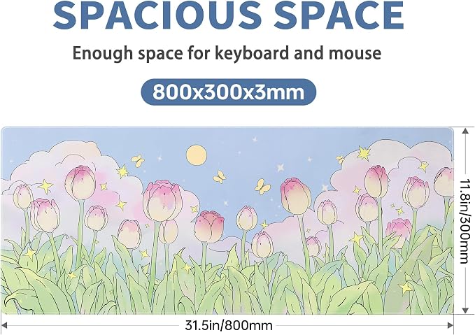 Kawaii Flower Mouse Pad Large Desk Mat Extended Keyboard Mouse Pad Cute XL Mousepad with Non-Slip Base and Stitched Edge Plant MouseMat Desk Pad 31.5 x 11.8 in Mouse Pads for Desk Home Office Gaming - Image 2